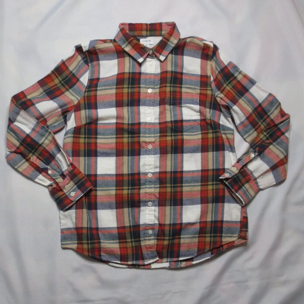J.CREW girls FLANNEL shirt RED blue SOFT plaid TAN warm WESTERN plaid SIZE S/M
